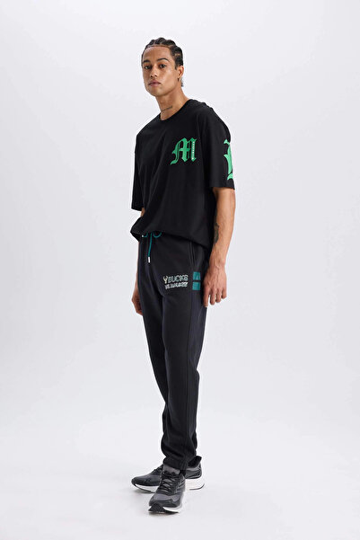 DeFacto D6692 Siyah DeFactoFit NBA Milwaukee Bucks Kalın Jogger Eşofman Altı Standart Fit Cepli Beli