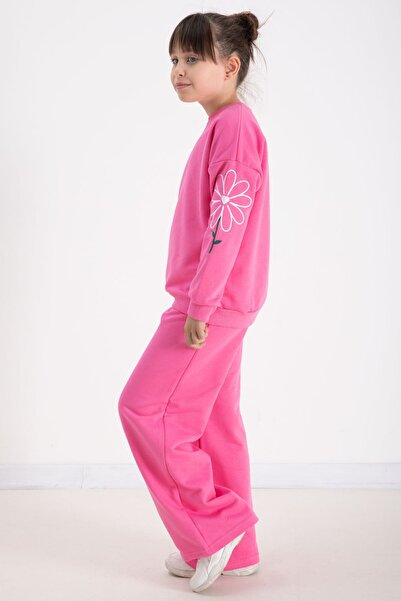 Cansın Mini Ροζ μανίκια με κέντημα μαργαρίτας με λαιμόκοψη για κορίτσια 22743