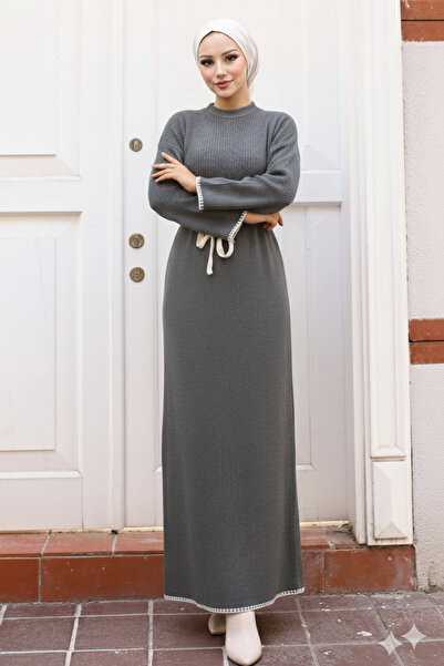 benguen 11040-17 Κέντημα Λεπτομερές Πλεκτό Φόρεμα Ανθρακί