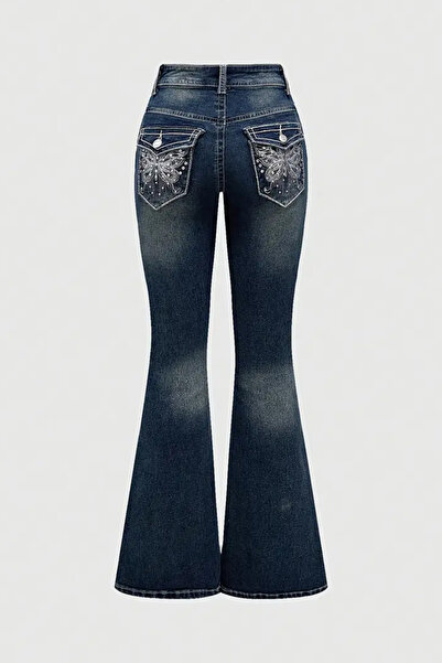 Karakedi Pantaloni Y2K cu picior evazat, albastru bleumarin, cu detaliu de buzunar cu fluture