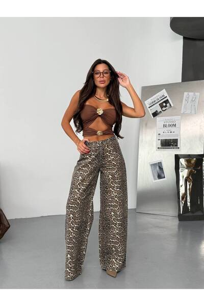 HerTon Kadın Leopar Desenli Yüksek Bel Bol Paça Gabardin Pantolon – %100 Pamuk