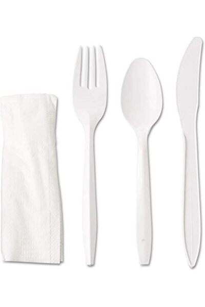 MARKQ [50 Pack] White Plastic Cutlery Set with Napkins – Disposable Utensils ...