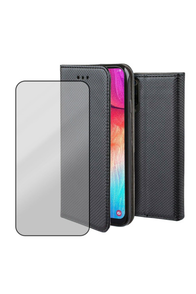 Optim Solution Δερμάτινη θήκη Flip και σετ μεμβράνης 5D από γυαλί για Xiaomi Redmi 10c 4G, σχεδιασμός υφής, μαύρο
