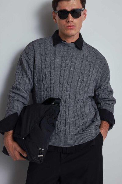 ablukaonline Men's Oversize Knitted Patterned Sweater Gray