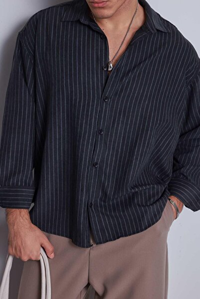 ablukaonline Erkek Oversize Çizgili Uzun Kollu Gömlek Siyah