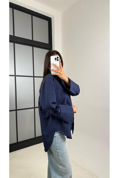 Gaus Lacivert Gizli Düğmeli Kol Katlamalı Poplin Gömlek GAUS-00449