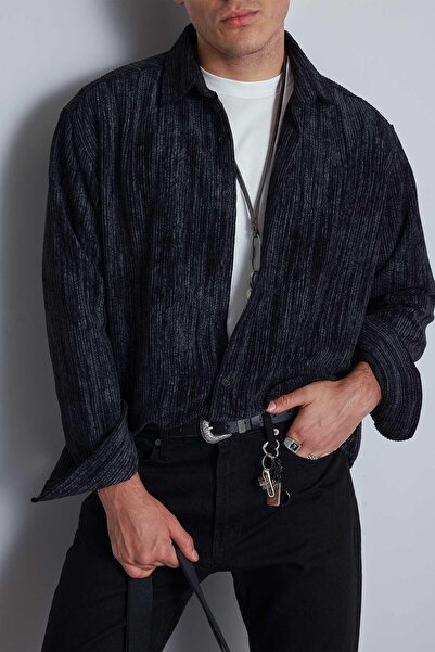 ablukaonline Ανδρικό πουκάμισο με υφή βελούδου oversize μαύρο