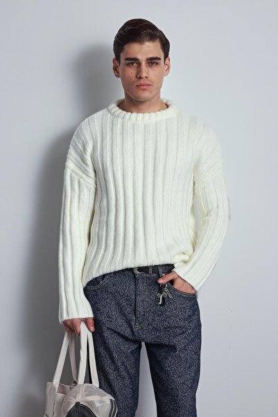 ablukaonline Erkek Oversize Kalın Fitilli Triko Kazak Ekru