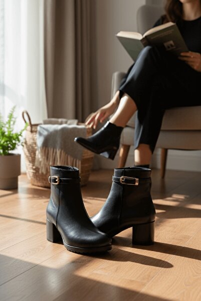 DİVOLYA Rober Μαύρες Δερμάτινες Μπότες με Πόρπη (Τακούνι 5 εκ.) Γυναικείες Μπότες Καθημερινής Χρήσης