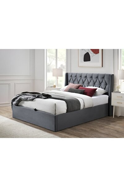 OEM Pat tapitat Prestige 1, 160x200, cu somiera metalica rabatabila si spatiu de depozitare, culoare Gri