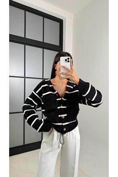 Gaus سترة كارديجان سوداء مخططة بقلنسوة وتفاصيل أزرار GAUS-00468