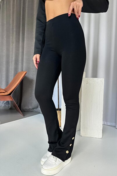 Mine Tan Butik Γυναικείο κολάν με ψηλόμεσο χρυσό κουμπί καμπάνα - Μαύρο