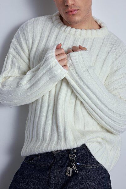 ablukaonline Erkek Oversize Kalın Fitilli Triko Kazak Ekru