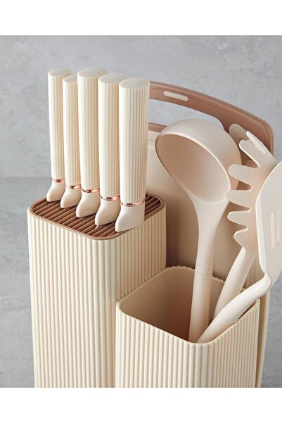 woodhub Pratik Kesme Tahtası ve Bıçak Seti, 21.5x13x20 cm, Krem Renk