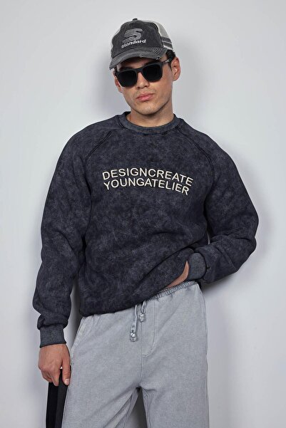 ablukaonline Ανδρικό φούτερ με στάμπα με κείμενο Oversize Μαύρο