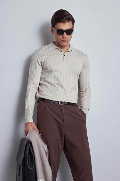 ablukaonline Ανδρικό πουλόβερ με κουμπιά από ύφασμα Premium εφαρμοστό Stone