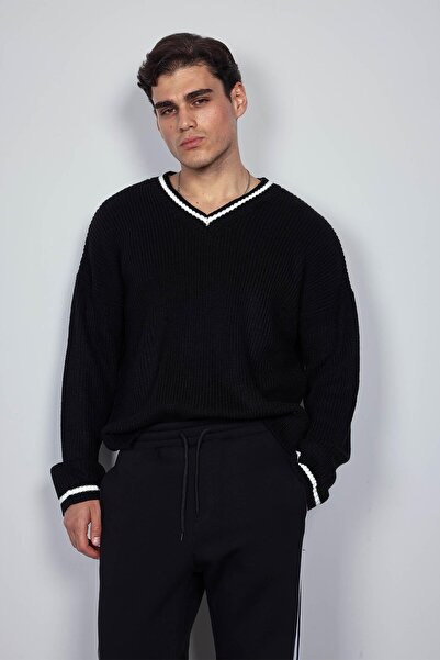 ablukaonline Pulover pentru bărbați cu decolteu în V, oversize, cu detalii contrastante, negru