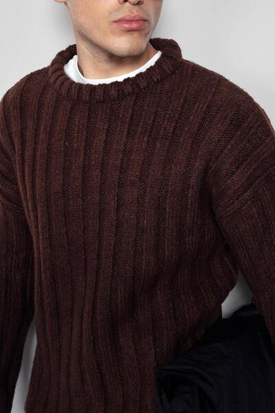 ablukaonline Men's Oversize Thick Ribbed Knit Sweater Brown