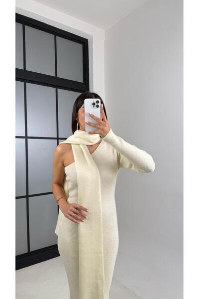 Gaus Ekru Tek Omuz Atkılı Triko Elbise GAUS-00223