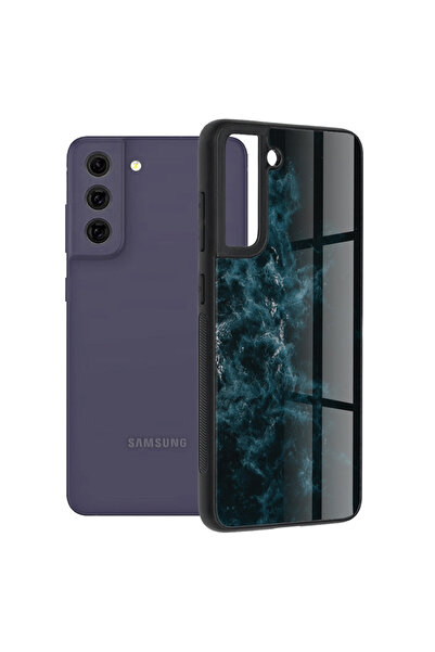 Optim Solution Husa de protectie pentru Samsung Galaxy S21 FE, silicon TPU si Sticla, Marble Design, Albastru