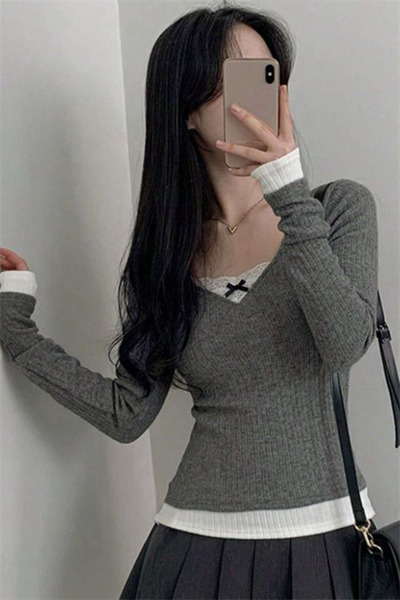 Karakedi Smoked Lace Bow Attached Y2K Long Sleeve Crop