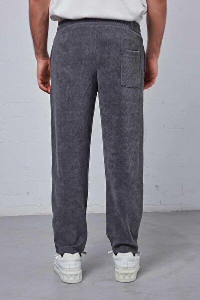ablukaonline Men's Slim Fit Corduroy Elastic Waist Trousers Smoked