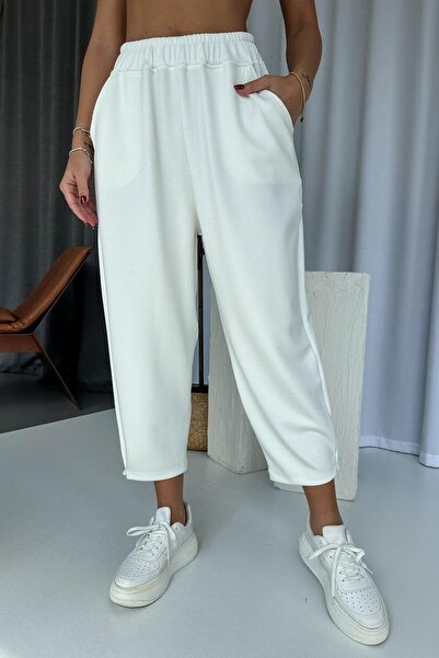 Mine Tan Butik Γυναικείο παντελόνι από ύφασμα Modal με κορδόνια στο πόδι - Λευκό