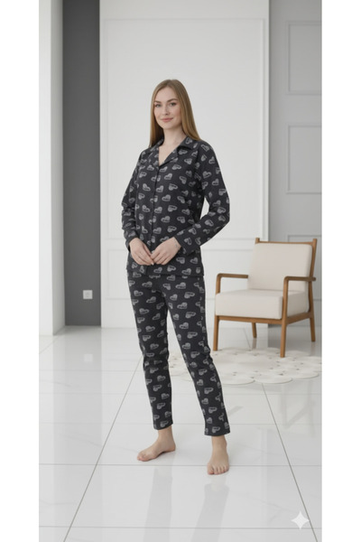 FAMES PİJAMA Long Sleeve Buttoned Hearted Combed Cotton Pajama Set