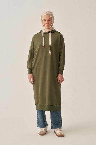 ALLDAY Πράσινο μακρύ φούτερ με κουκούλα και τσέπες από λύκρα