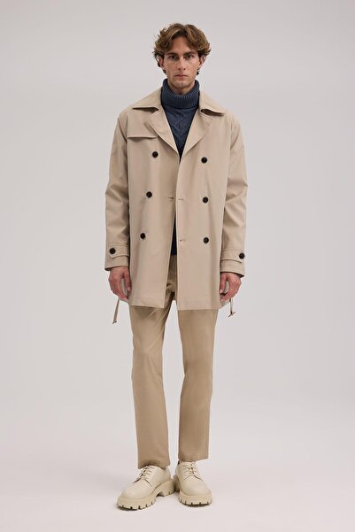 Jakamen Bej Comfort Fit Kruvaze Kemerli Trençkot