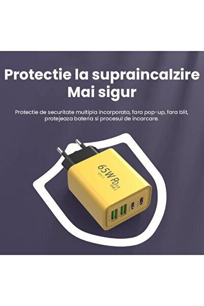 Flippy Φορτιστής γρήγορης φόρτισης 65W, Flippy, Γρήγορη φόρτιση με 2 θύρες USB-A 3.1A & 2 θύρες USB-C, 65W, Κίτρινο