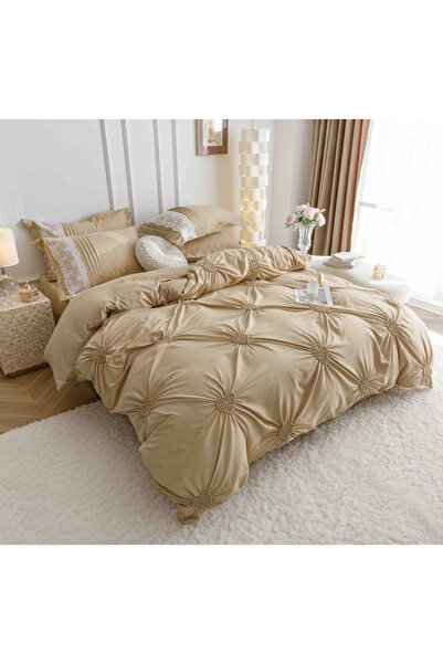 JOJO HOME Lenjeri De Pat, 6 Piese, Inimi Brodate, Finet Premium, Bej