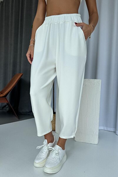 Mine Tan Butik Γυναικείο παντελόνι από ύφασμα Modal με κορδόνια στο πόδι - Λευκό