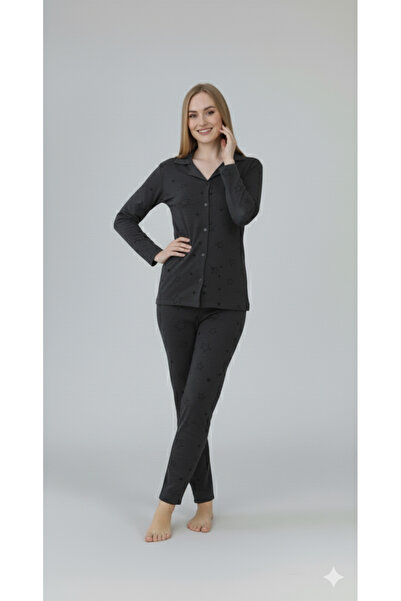 FAMES PİJAMA Women's Long Sleeve Buttoned Combed Cotton Pajama Set