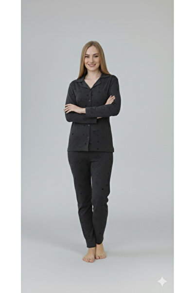 FAMES PİJAMA Women's Long Sleeve Buttoned Combed Cotton Pajama Set