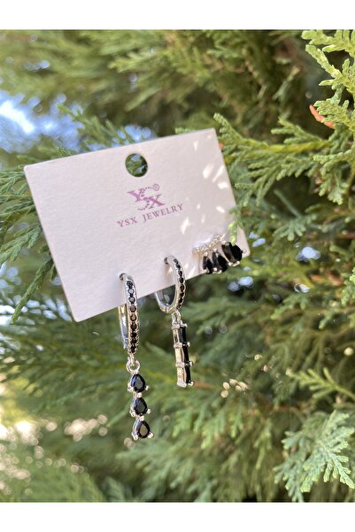 Tasarım Silver Multi Dangle Black Stone Steel Earrings