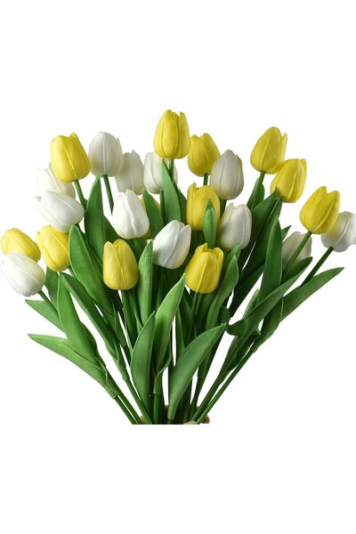 ALAYRA International 24pcs Artificial White & Yellow Tulips – Real Touch Faux Flowers, 32 cm Height