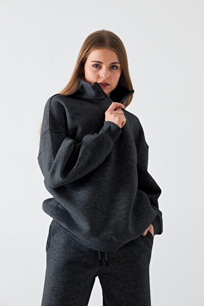 GIA - ART Unisex Oversize Sweatshirt Basic Smoked Melange – Half Zipper Stand Collar, 3 Thread Fleece