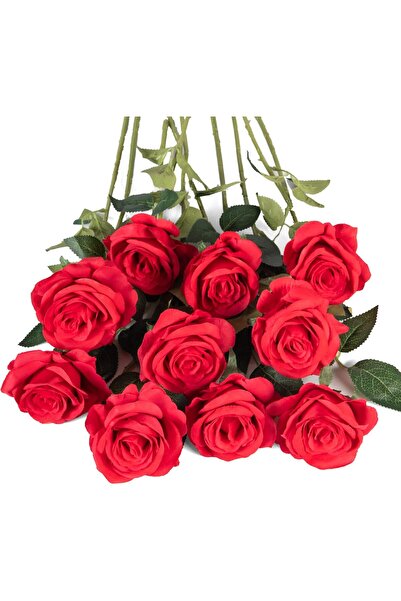 ALAYRA International 10 قطع من الورود الحريرية طويلة الساق، زهور صناعية حمراء...