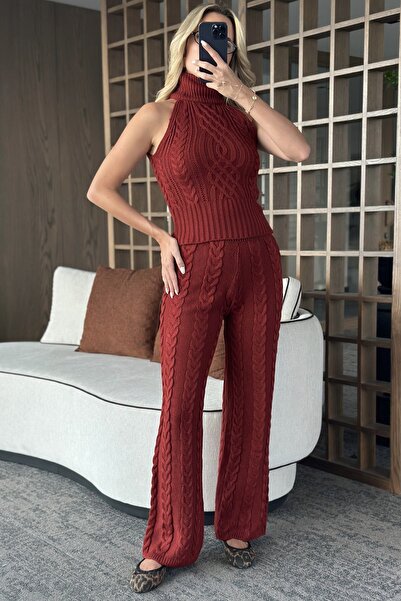 Laluvia Bordo Kolsuz Bluz Pantolon Takım - 3009