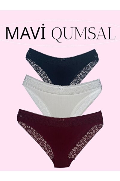 MAVİ QUMSAL Beli Dantelli Bikini 3'lü Set