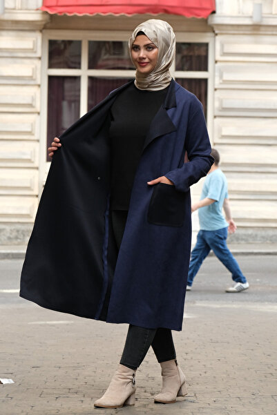 Tuğralı Tesettür Women's Long Navy Blue Hijab-Friendly Suede Jacket – Loose and Simple Seasonal Outerwear