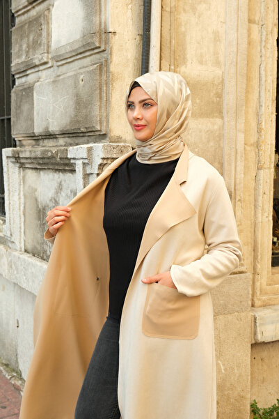 Tuğralı Tesettür Women's Long Ecru Hijab-Suitable Suede Jacket – Loose and Simple Seasonal Outerwear
