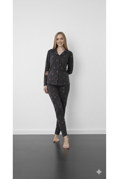 FAMES PİJAMA طقم بيجامة قطنية ممشطة بأكمام طويلة وأزرار على شكل قلب