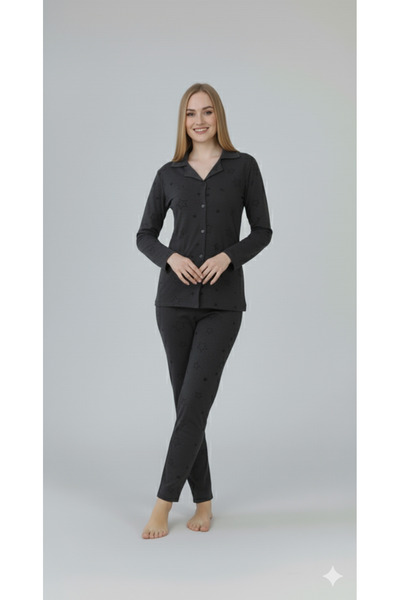 FAMES PİJAMA Women's Long Sleeve Buttoned Combed Cotton Pajama Set