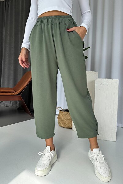 Mine Tan Butik Modal Fabric Women's Trousers with Leg Fasteners - Khaki