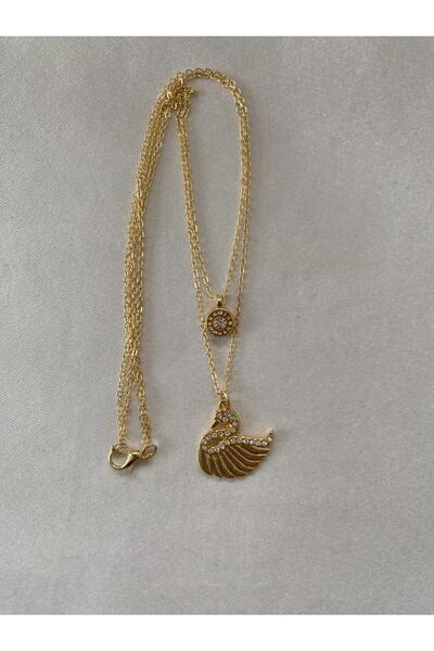 HEDİYEM EVİME Kuğulu Parlak Taşlı İkili Kolye Altın Renk