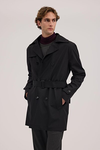 Jakamen Black Comfort Fit Double Breasted Belted Trench Coat