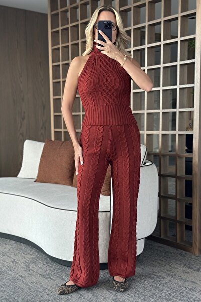 Laluvia Bordo Kolsuz Bluz Pantolon Takım - 3009