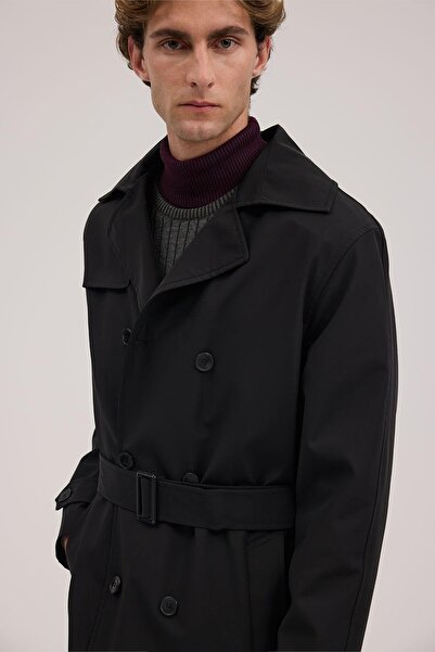 Jakamen Black Comfort Fit Double Breasted Belted Trench Coat